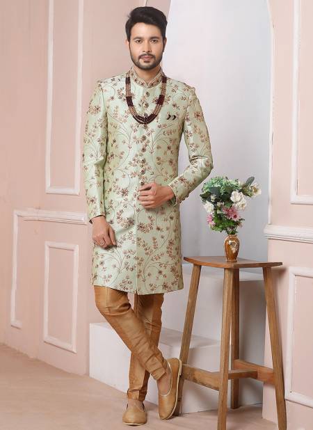 Pista Green Colour New Ethnic Wear Mens Banarasi Silk Sherwani Collection 1652